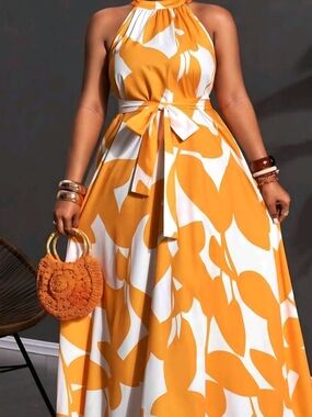 Halter Maxi Dress with Tie Waist in Yellow White